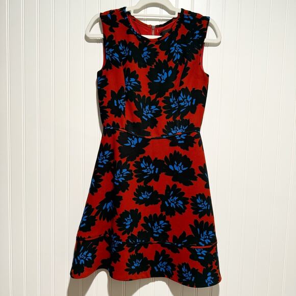 J Crew Red Blue Crepe Floral Knee Length Dress Size 2 - Picture 2 of 7